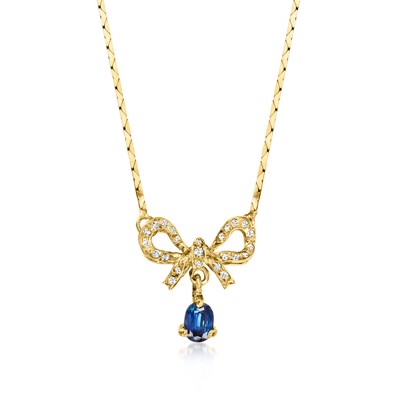 18kt gold bow necklace with blue sapphire teardrop and diamond loops