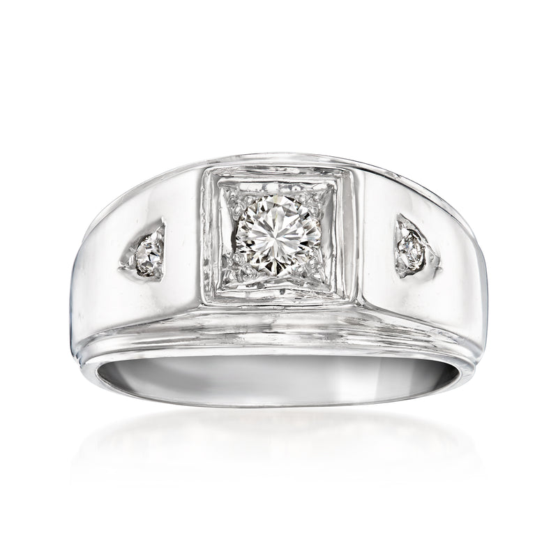 Vintage white gold diamond ring with square-set center and small side diamonds