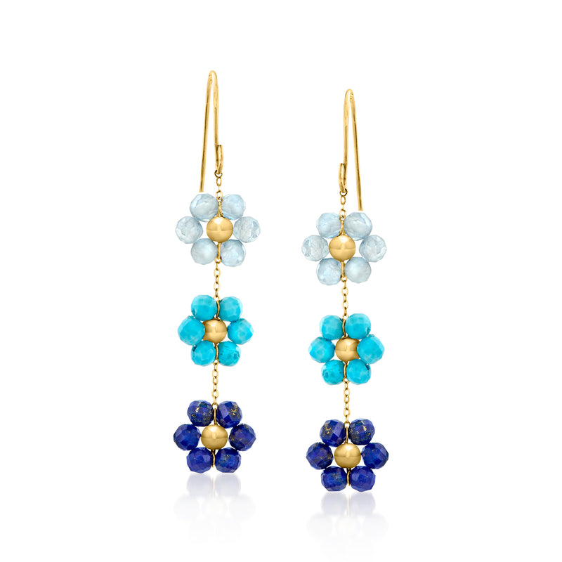 14kt yellow gold flower drop earrings with light blue, teal, and dark blue beads