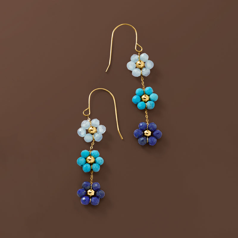 Yellow gold flower drop earrings with three blue bead clusters and gold earwires