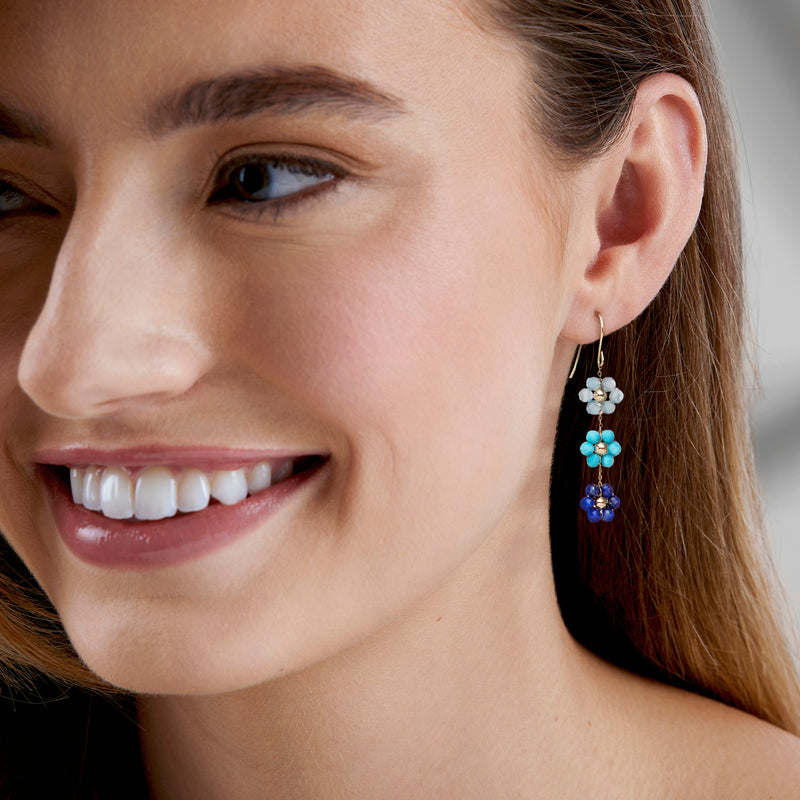 Flower bead drop earrings with light blue, teal, and dark blue clusters
