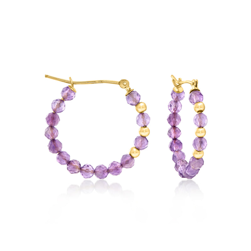 Amethyst bead hoop earrings, purple stones on 10k yellow gold hoops