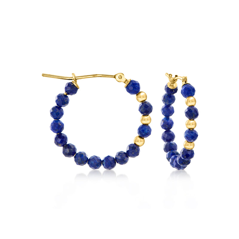Lapis bead hoop earrings in 10k yellow gold with dark blue faceted beads