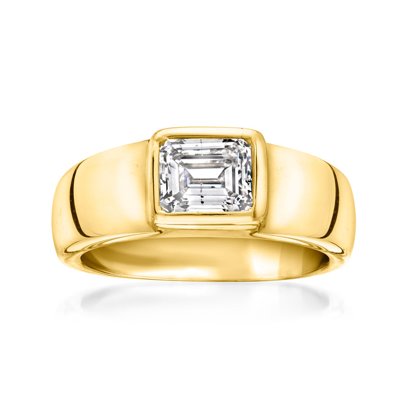 Gold ring with emerald-cut diamond in square bezel setting