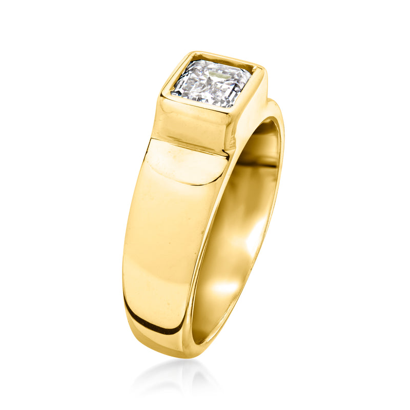 Gold solitaire ring with emerald-cut diamond, side profile view
