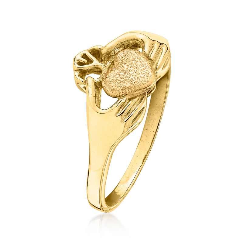 14kt yellow gold Claddagh ring angled view, heart center with crown