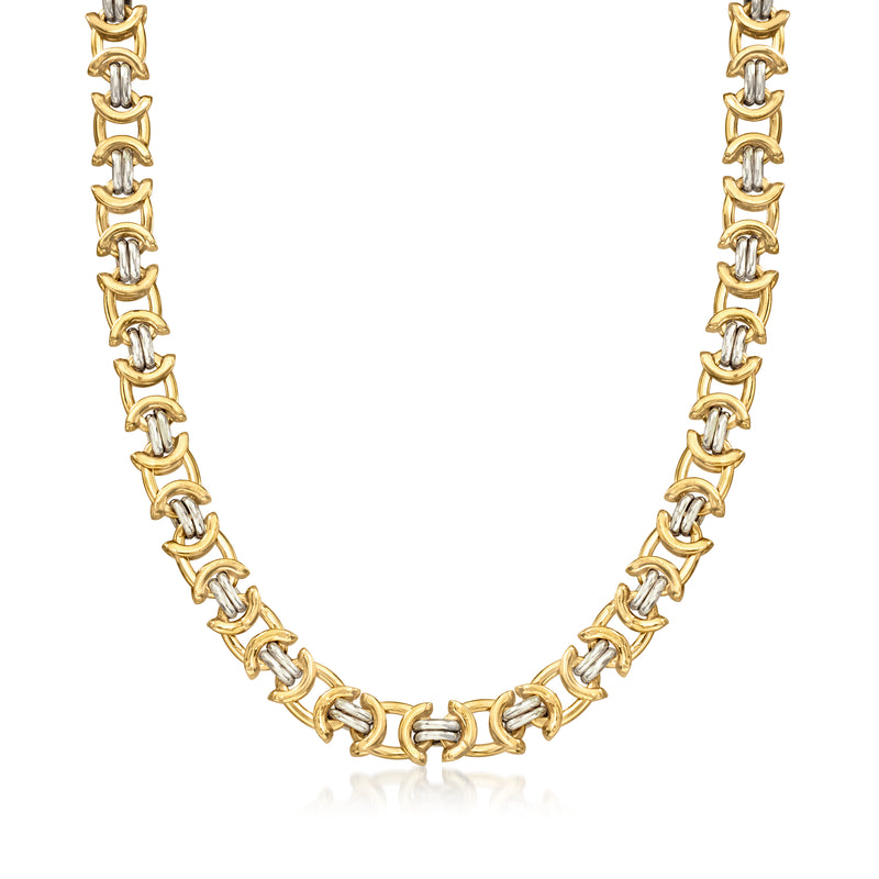 Two-tone gold fancy-link necklace with green chalcedony cabochons, full length