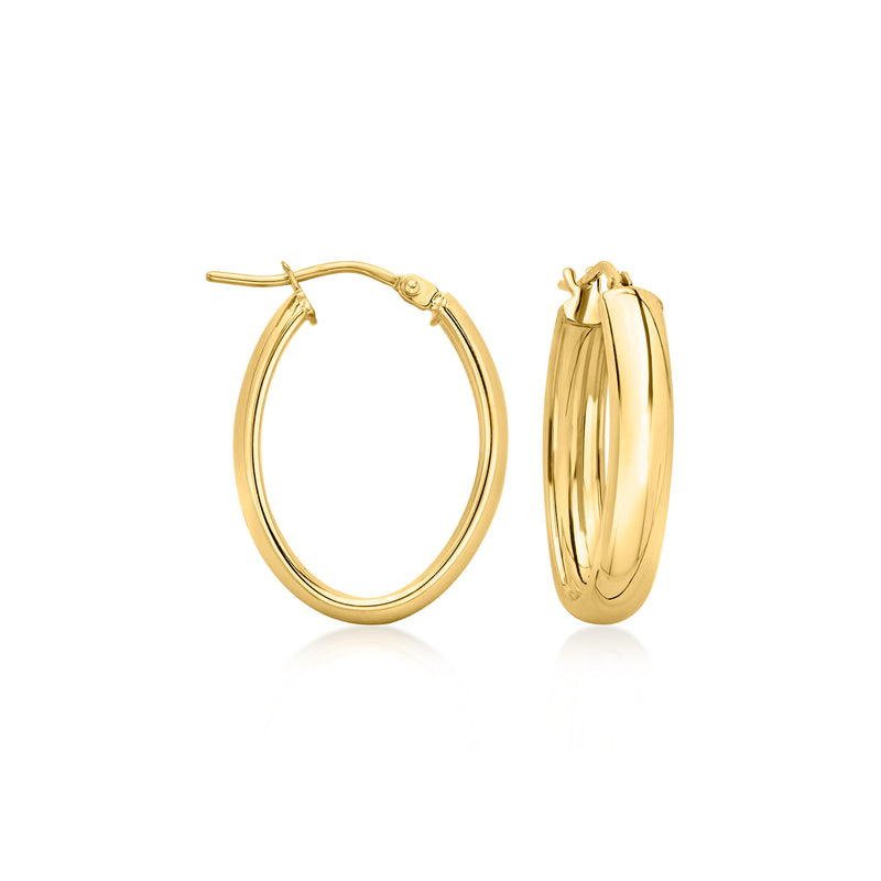 10kt yellow gold oval hoop earrings, hinged clasp, polished oval hoops
