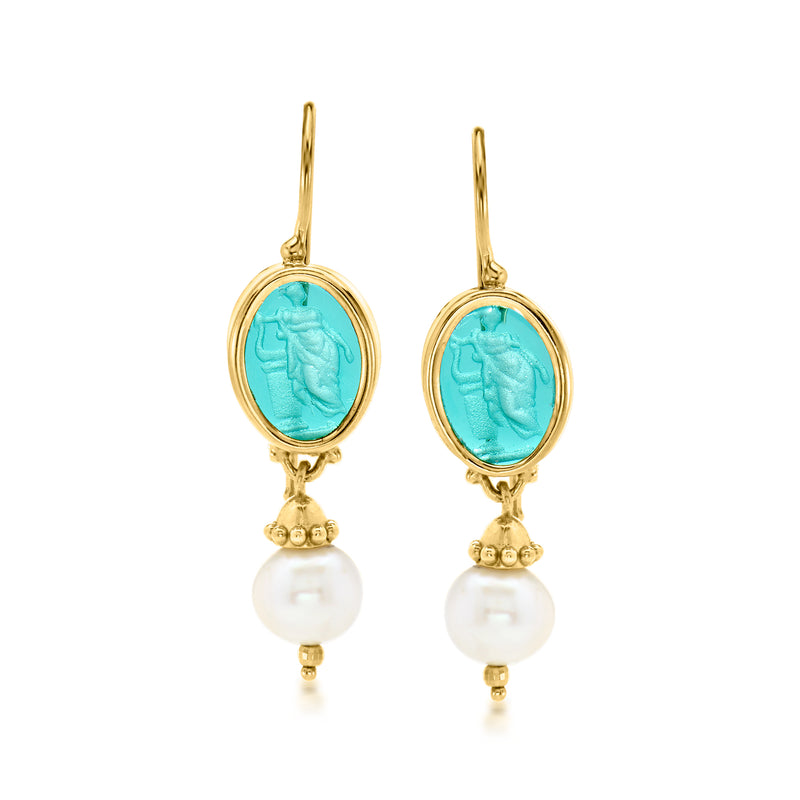 Gold leverback drop earrings with turquoise oval cameo and white pearl dangle.