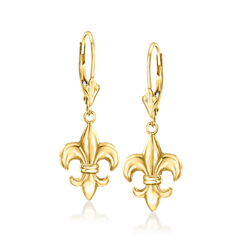 10kt yellow gold fleur-de-lis drop leverback earrings with hanging fleur motif