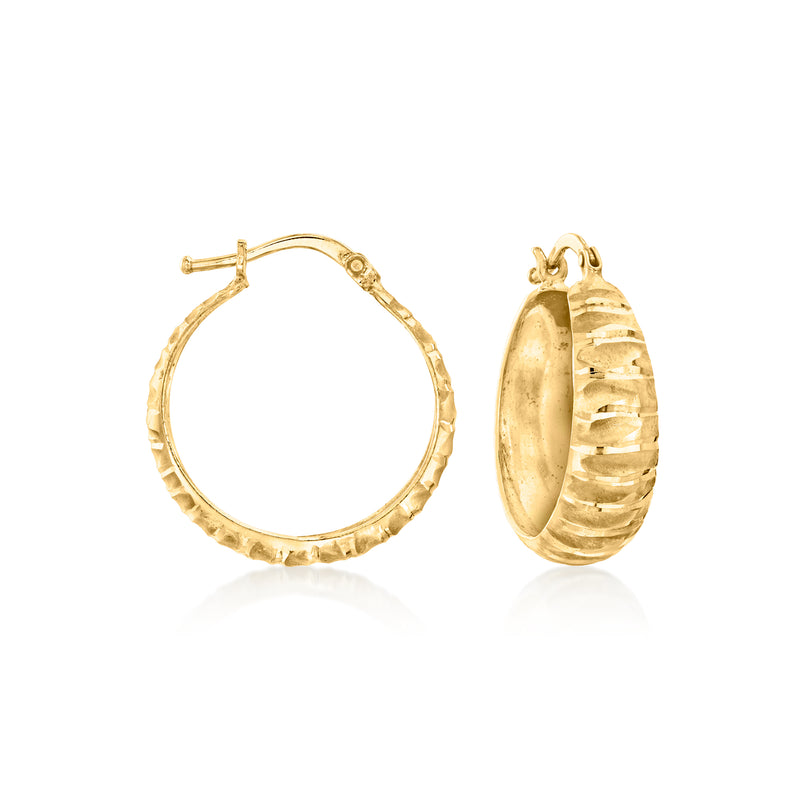 Vintage 14kt yellow gold ridged hoop earrings, hinged, open side view