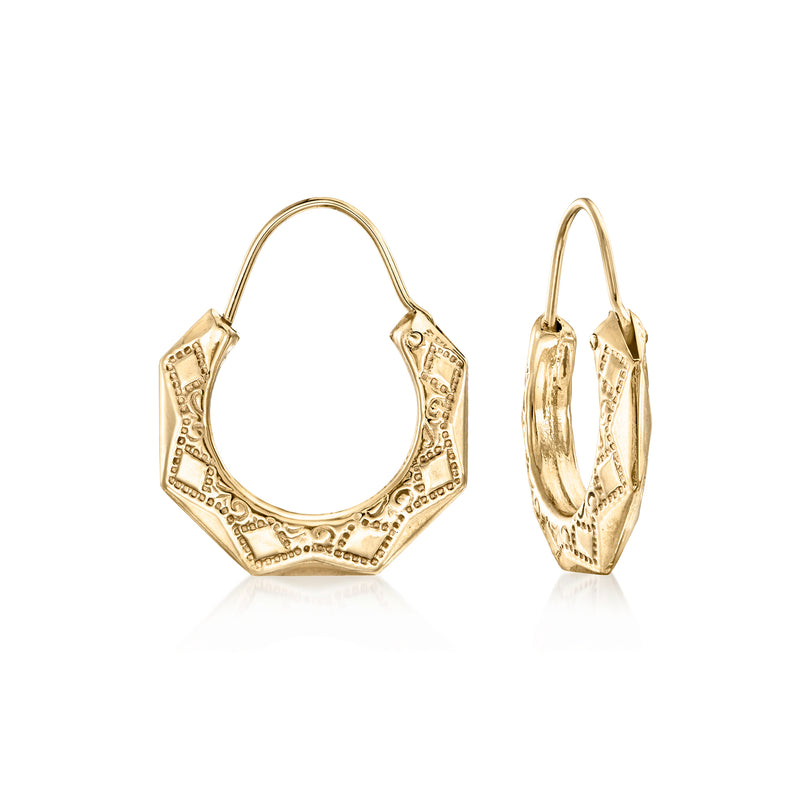 14kt yellow gold etched hoop earrings with earwire, curved shield pattern
