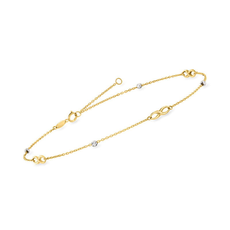 Two-tone gold infinity station anklet, toggle clasp, bead stations, and chain links