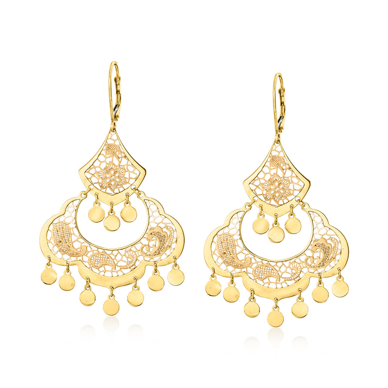 Vintage 14kt yellow gold chandelier earrings with filigree drops and leverback hooks