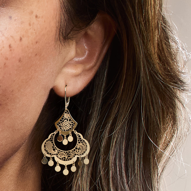 Yellow gold chandelier earrings on ear, filigree hoops with small round dangling beads