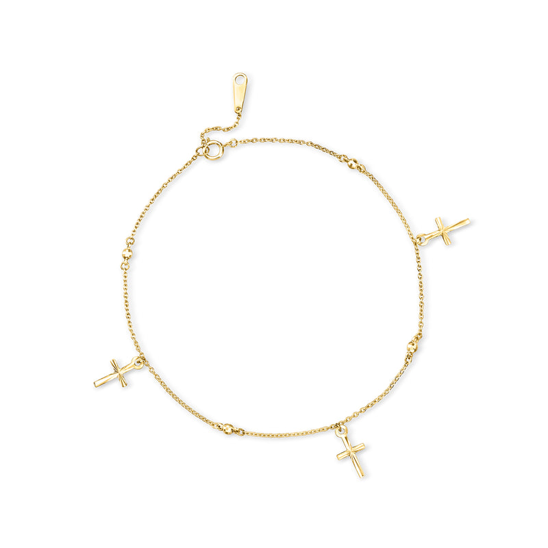 10kt yellow gold cross station anklet with three cross charms