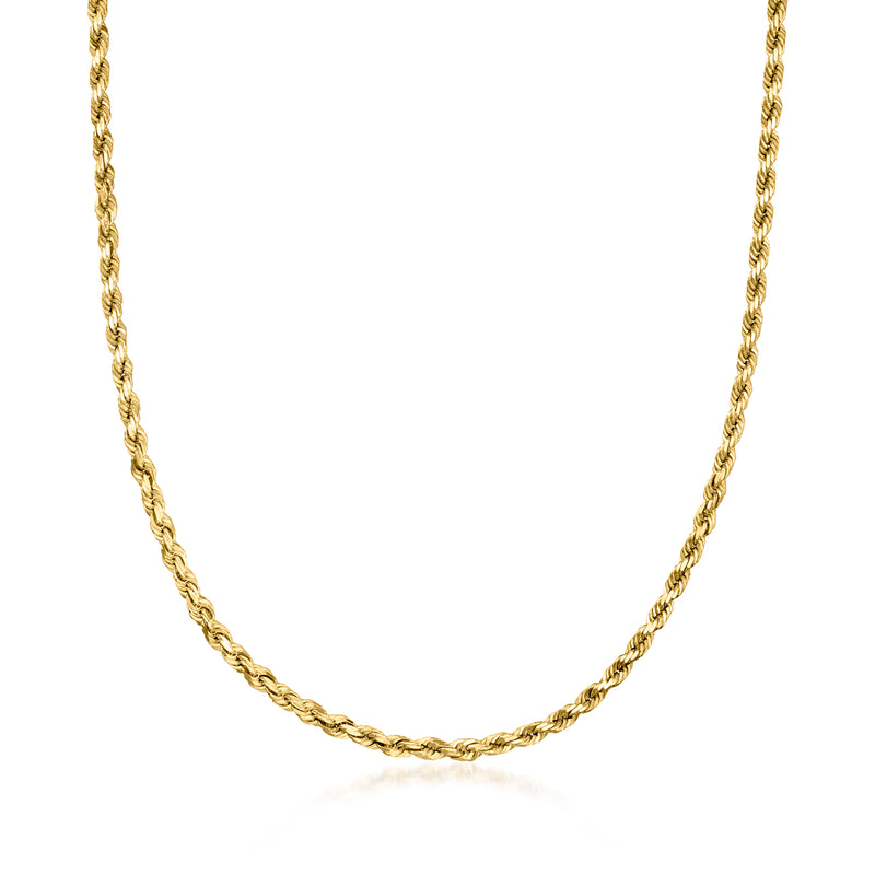 Yellow gold rope-chain necklace, polished 14kt-style links, close-up