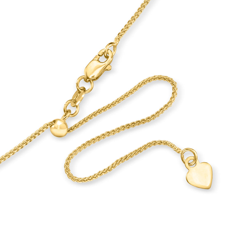 Adjustable yellow gold wheat-chain necklace with heart-shaped charm and clasp