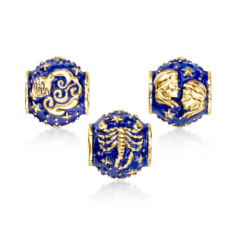Set of three blue enamel zodiac bead charms with gold-toned zodiac symbols
