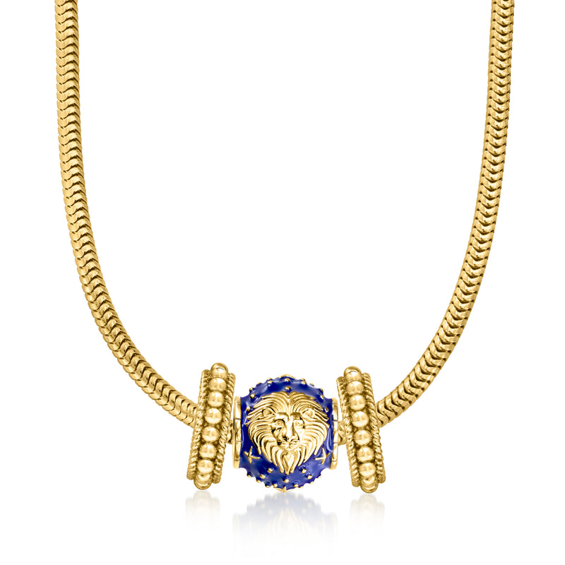 Blue enamel zodiac bead charm pendant on a gold-tone chain with side gold spacers