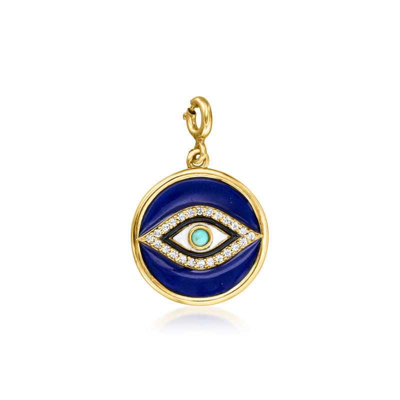 Gold evil eye charm with blue enamel round disk and rhinestone accents