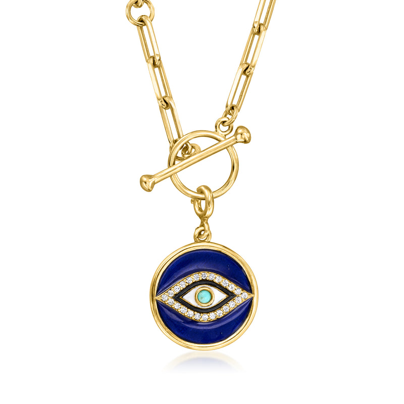 Gold evil eye charm pendant with blue enamel eye and crystal border