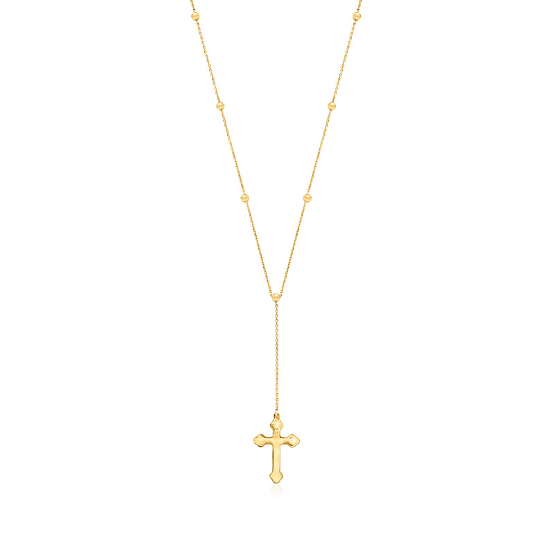 10kt yellow gold rosary-style necklace with bead chain and small cross pendant