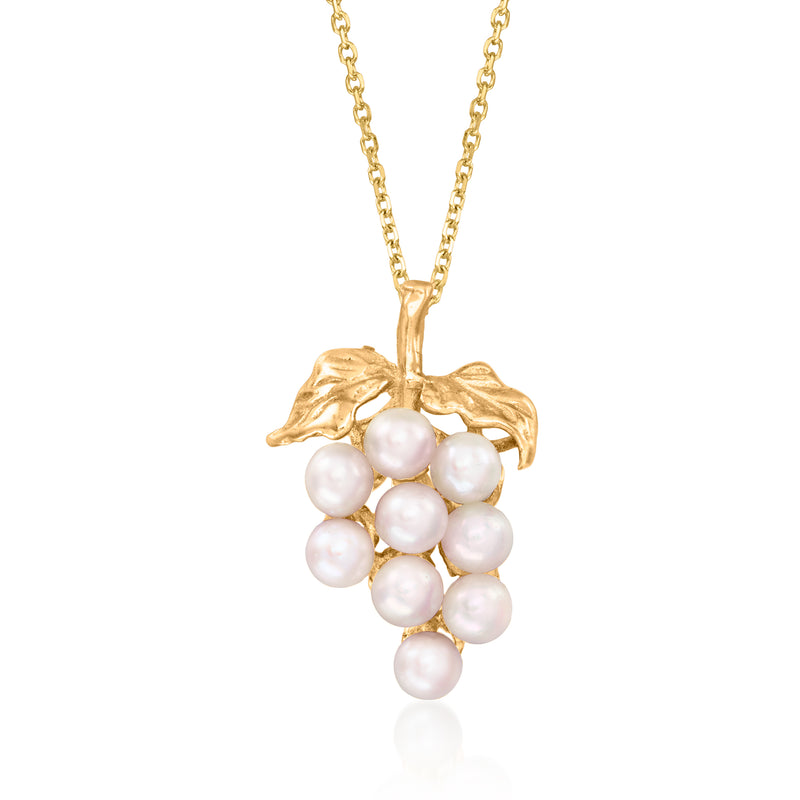 14kt yellow gold grape cluster pendant with cultured pearls and leaf detail