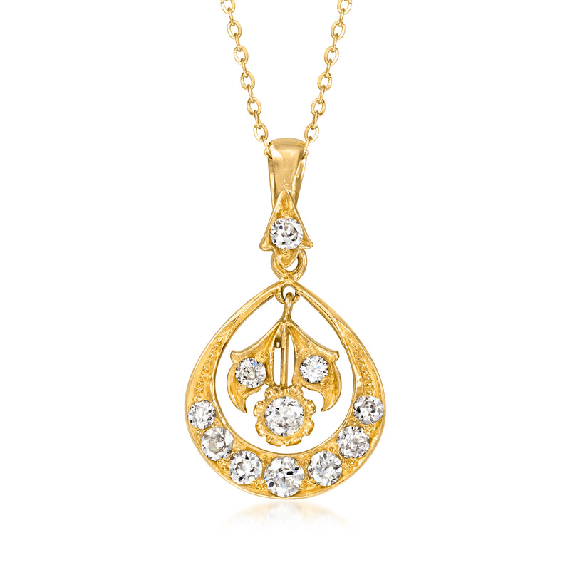 Yellow gold diamond drop pendant necklace with teardrop cluster of round stones