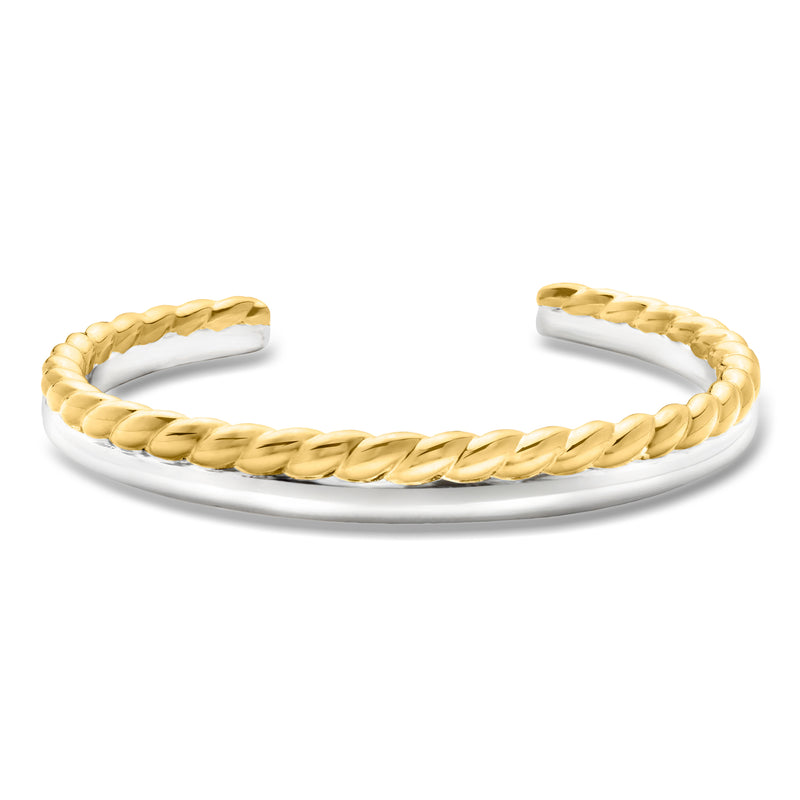 Two-row cuff bracelet with braided gold-tone links and silver inner band