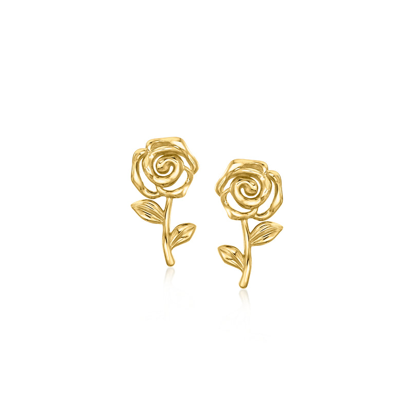 Yellow gold rose stud earrings with leaf accents