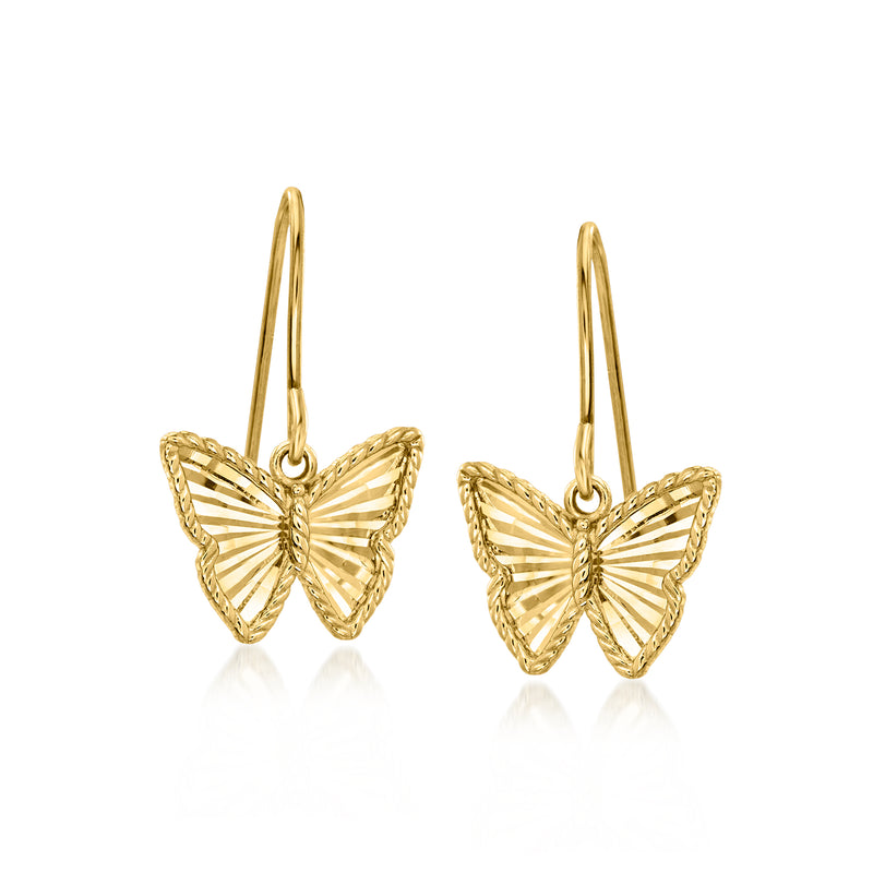 Yellow gold butterfly drop earrings with earwire, dangling filigree butterflies