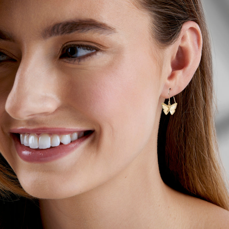 Butterfly drop earrings on earwire, small yellow gold filigree butterfly dangles