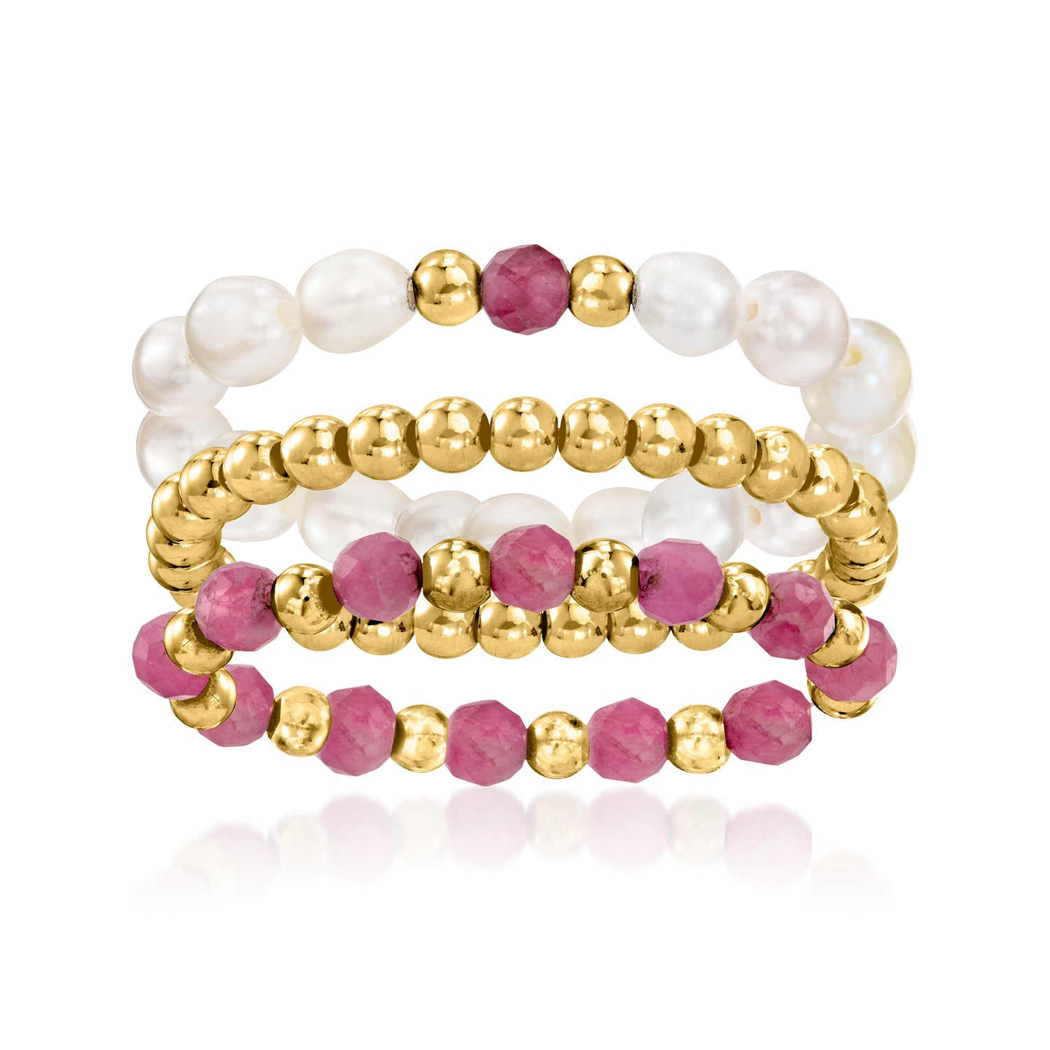 3-4mm Cultured Pearl and 3-3.5mm Pink Tourmaline Bead Jewelry Set: Three Stretch Rings with 10kt Yellow Gold