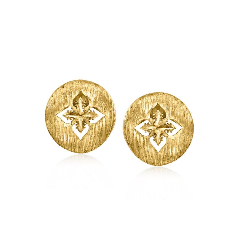 Round yellow gold stud earrings with Florentine-style textured finish and ornate center