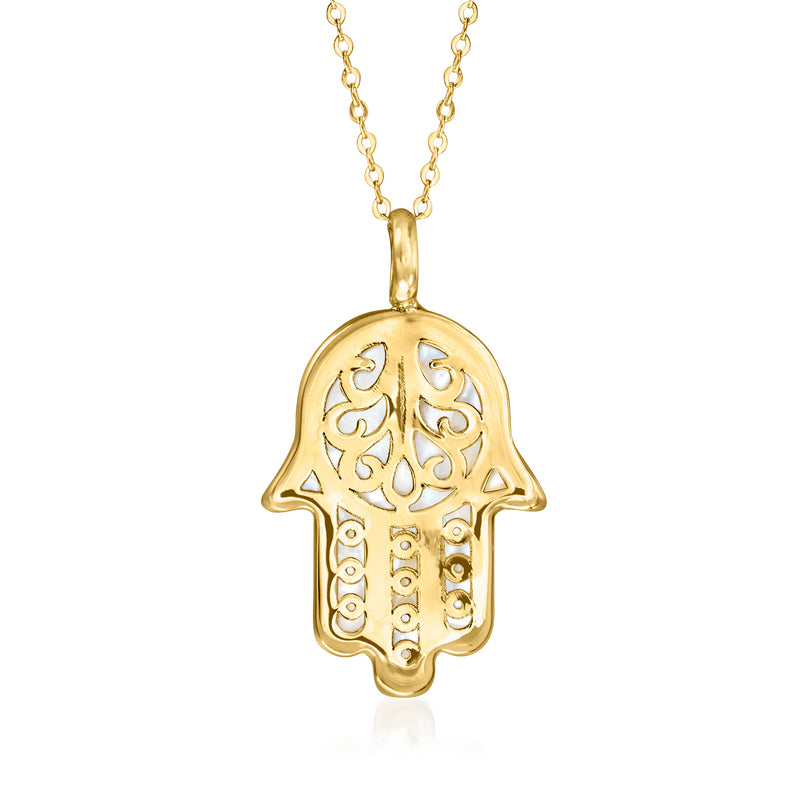 10kt yellow gold hamsa hand pendant necklace with engraved details and chain