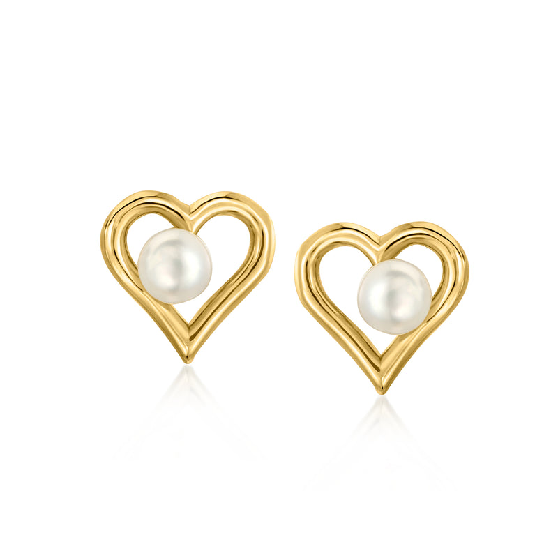 10kt yellow gold heart stud earrings with white cultured pearl centers