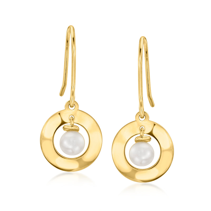 10kt yellow gold circle drop earrings with cultured pearl center, earwire style