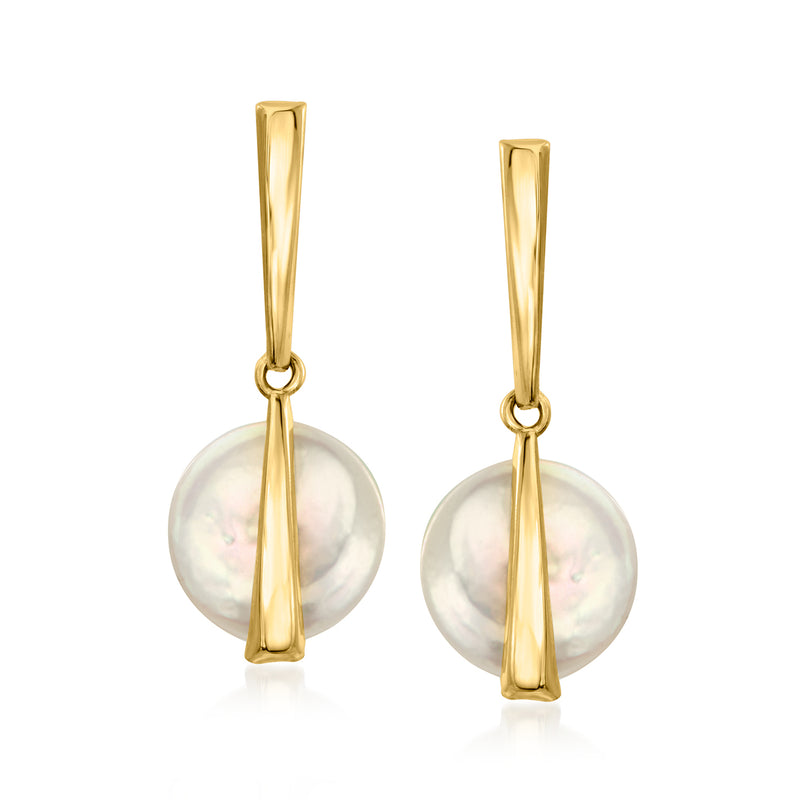 10kt yellow gold drop earrings with round coin pearl