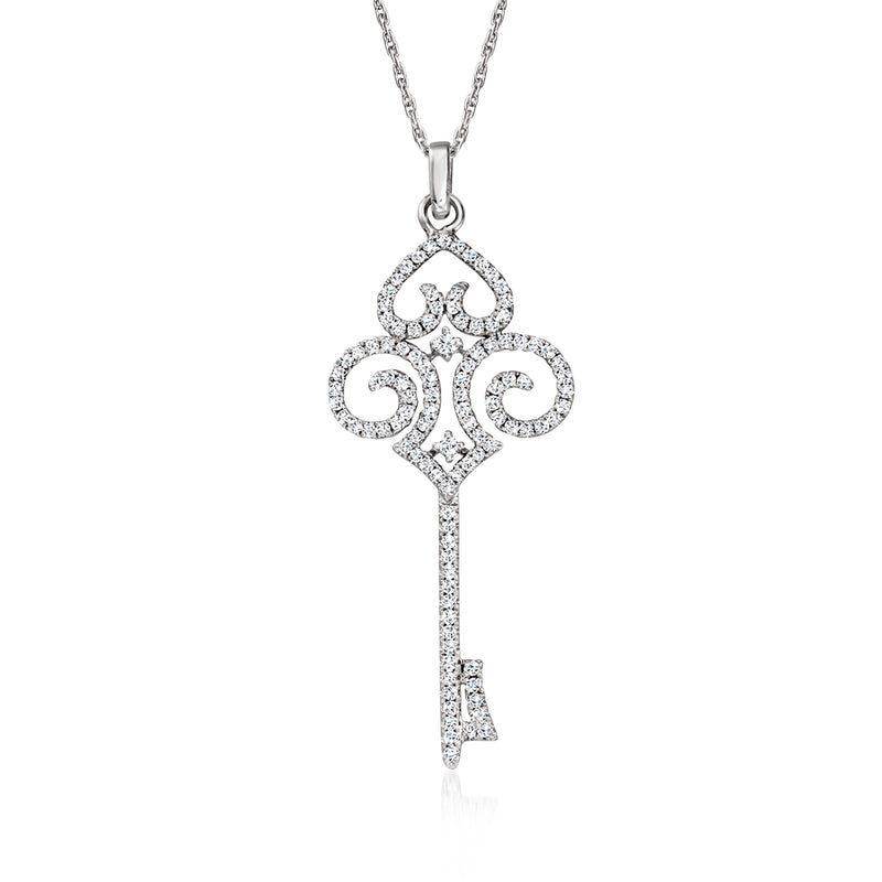 Vintage key pendant necklace in 14kt white gold with diamond accents