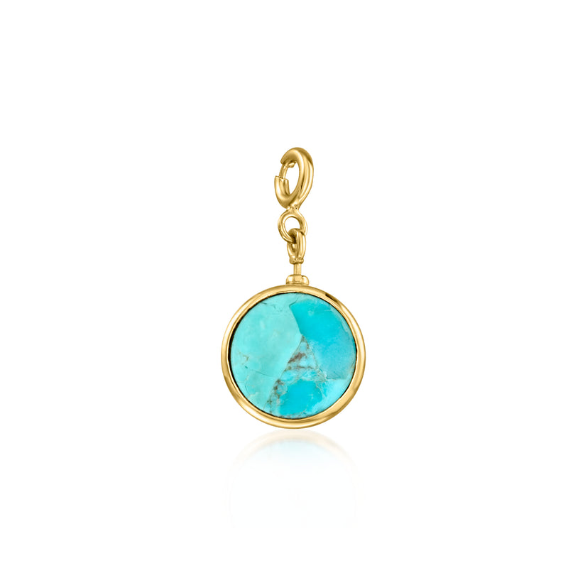 Reversible round charm with turquoise stone in gold-tone bezel and hanging loop