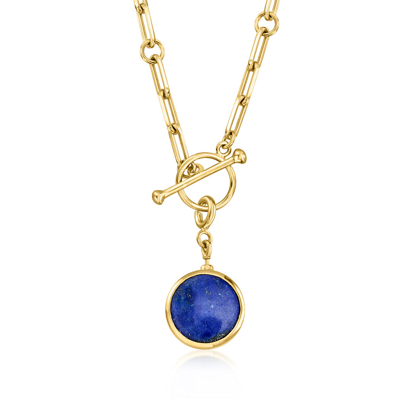 Gold-tone necklace with layered links and blue round charm pendant