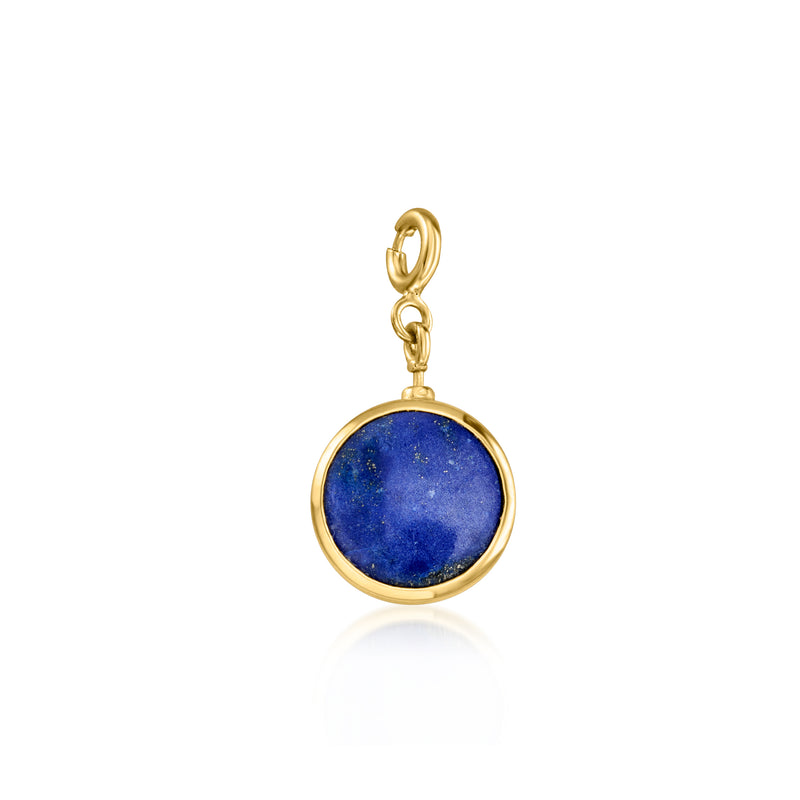 Blue round charm pendant with gold-tone bezel and hanging loop