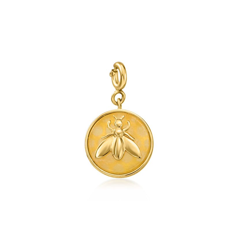 Round yellow jade bumblebee charm with gold-tone bail and raised bee design