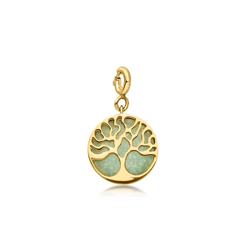 Gold Tree of Life charm with round blue-green cabochon