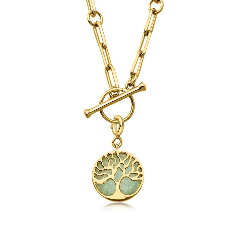 Gold charm with round Tree of Life medallion, blue-green cabochon, on chain