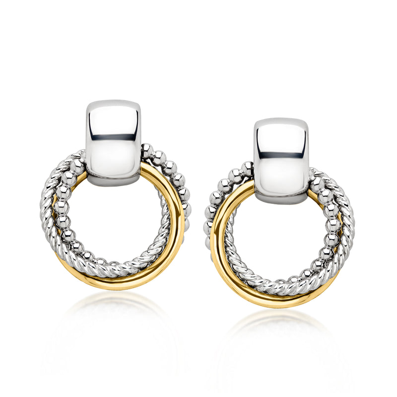 Sterling silver hoop earrings with triple circle yellow gold accents, clasp backs