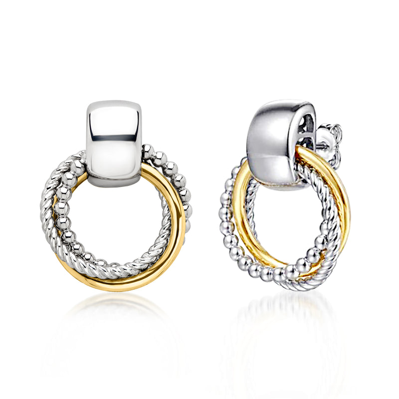 Hoop earrings showing round back and triple circle design in silver and yellow gold
