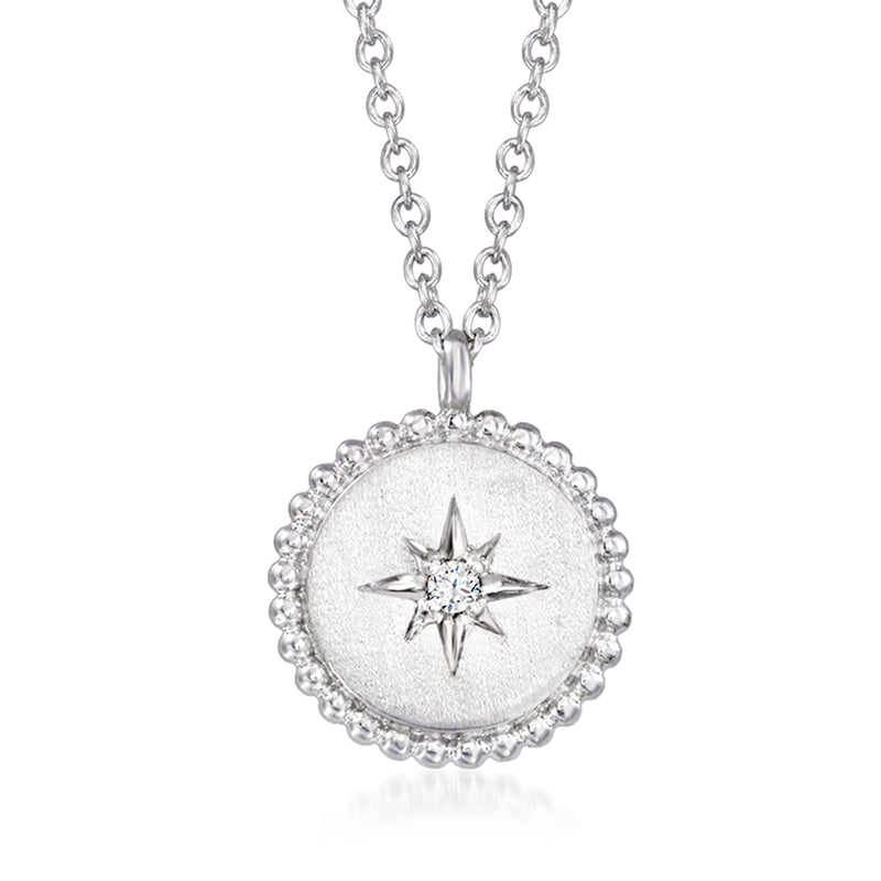 Sterling silver compass disc necklace with single diamond pendant, round scalloped frame
