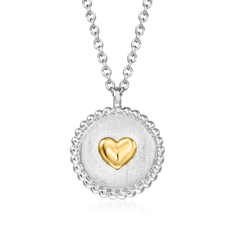 Sterling silver heart disc pendant necklace with 14kt yellow gold heart center